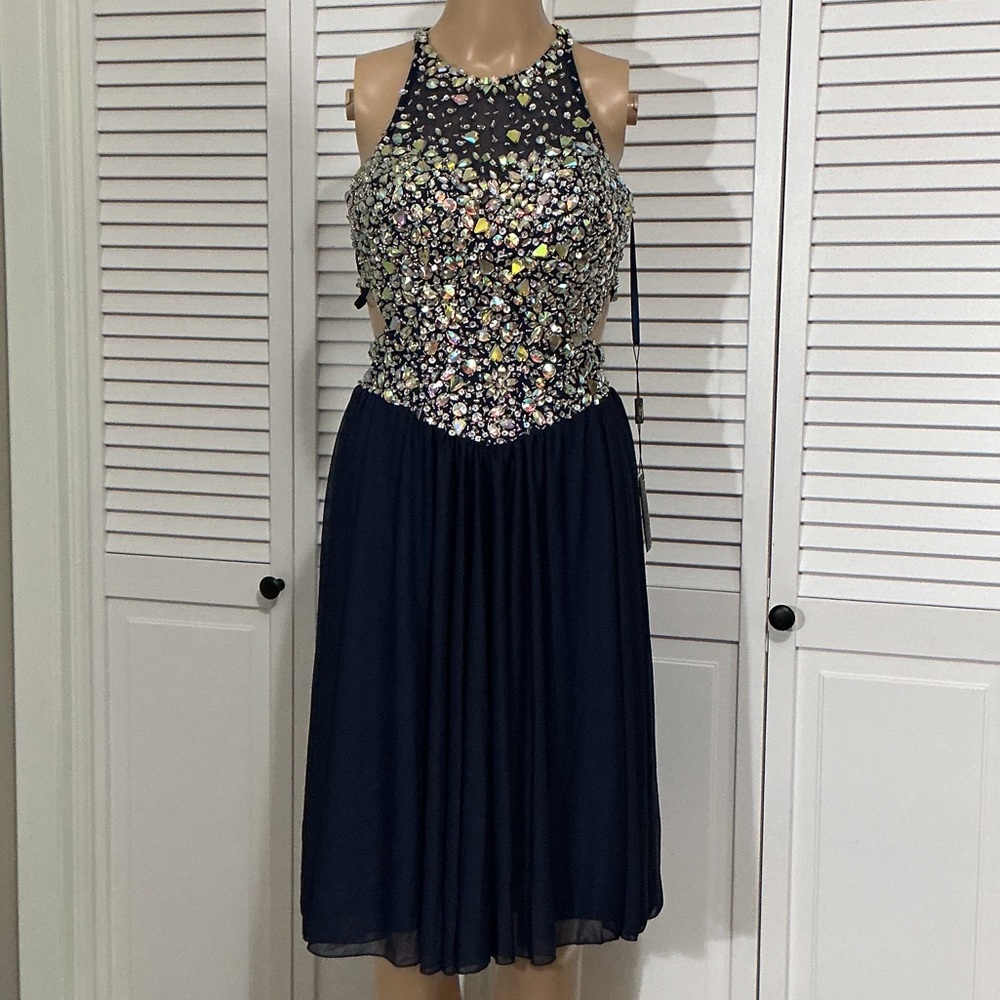 Terani Couture Navy Halter Midi Dress with Multicolor Embellished Bodice